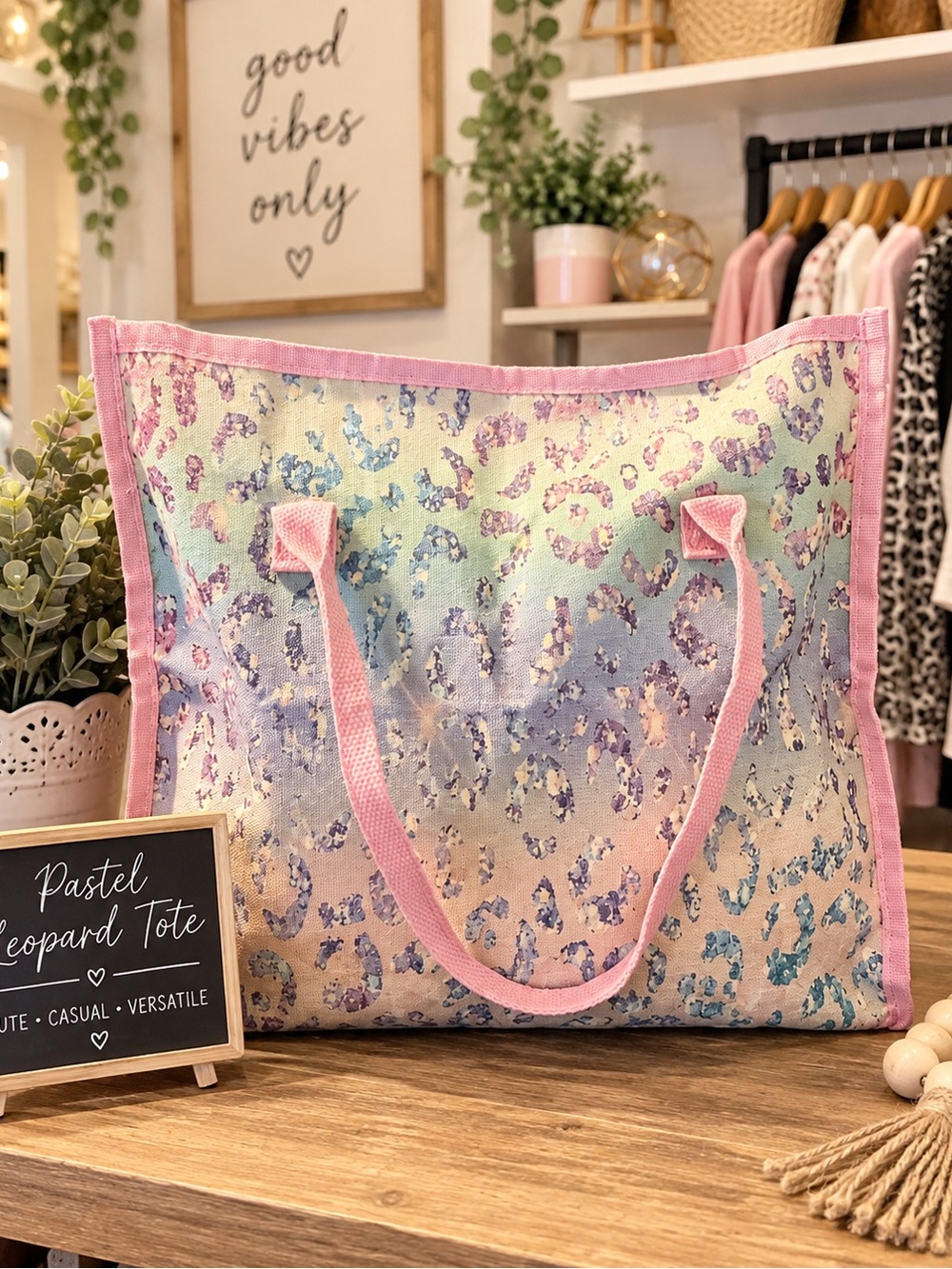 Pastel Leopard Tote Bag with Pink Trim